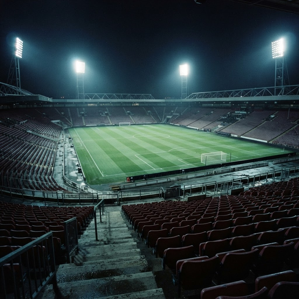 A floodlit football pitch seen from high in an empty stand at night.