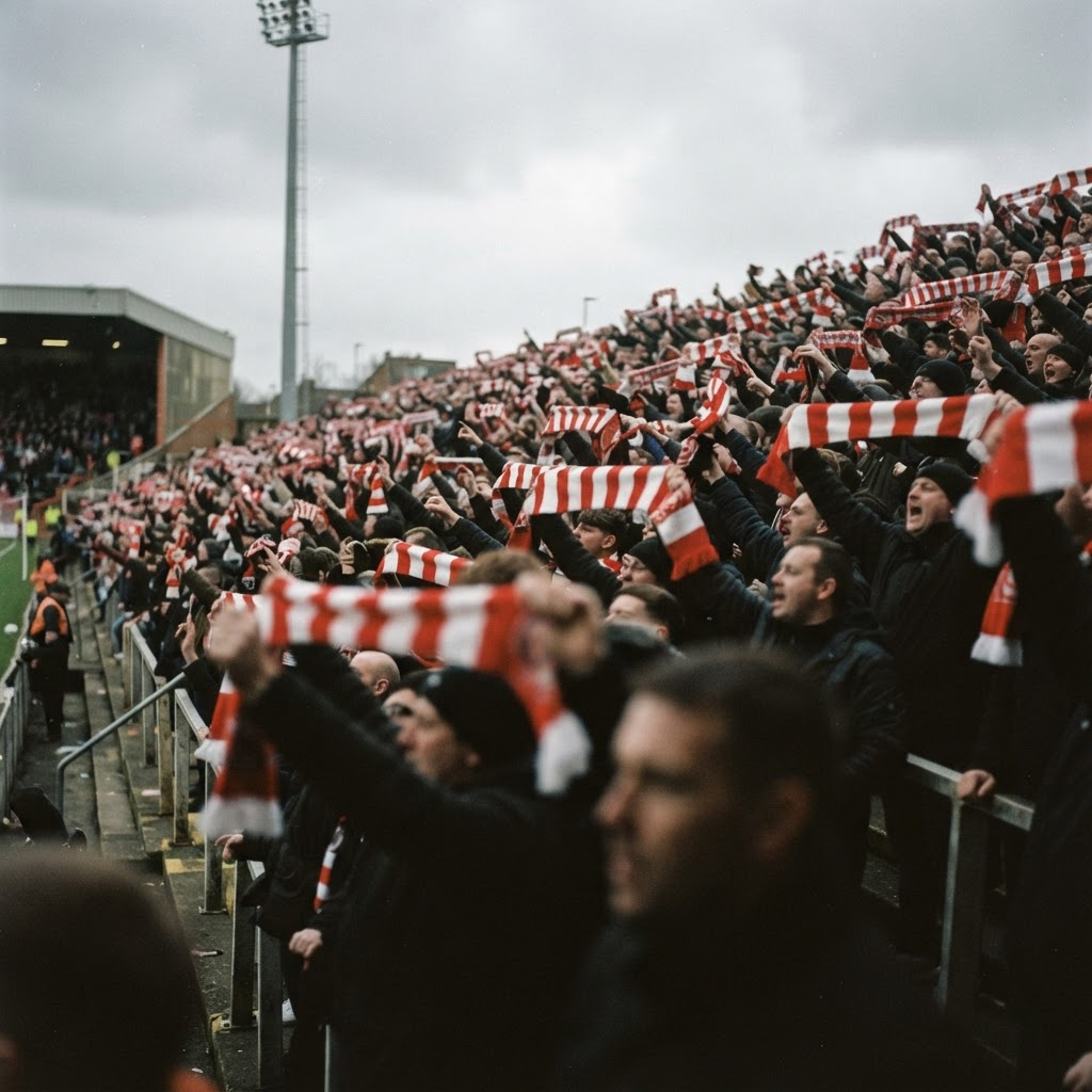 Red and white scarves held up across a packed football terrace.