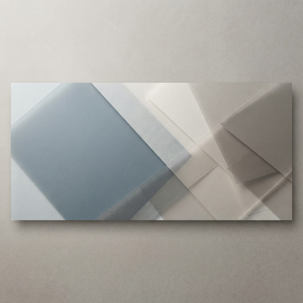 Muted abstract banner of overlapping translucent planes in slate and bone.