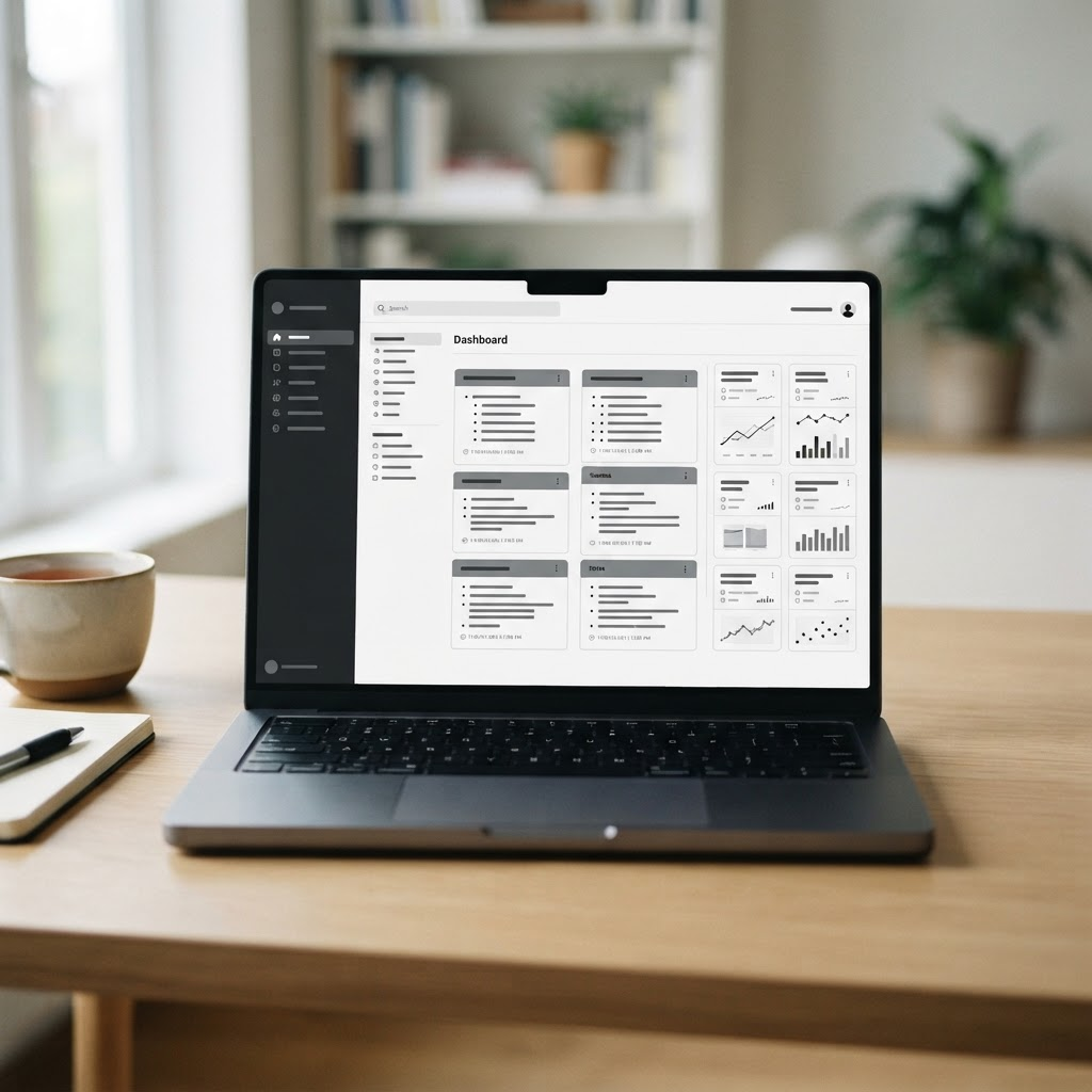 An abstract research-assistant dashboard on a laptop on a plain desk.