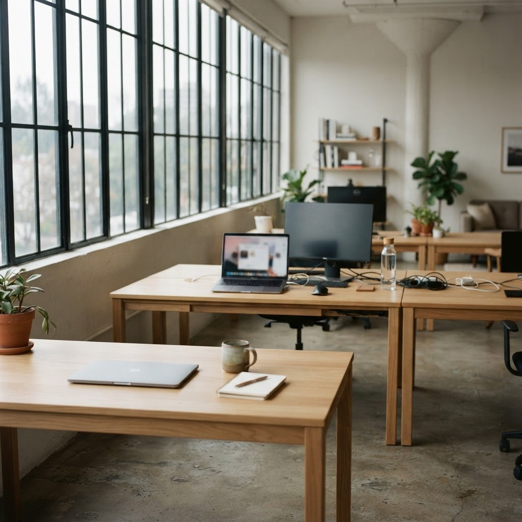 A quiet modern workspace with pale wood desks and soft daylight.