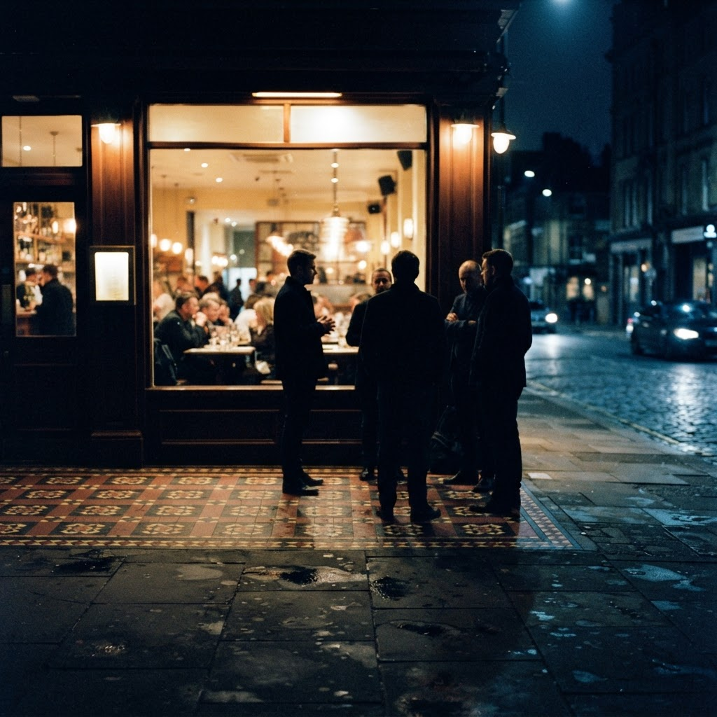 People waiting on a tiled pavement outside a lit restaurant window at night.
