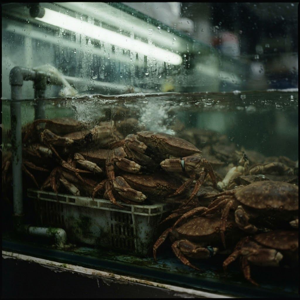 Live crabs stacked behind the glass of a restaurant holding tank.