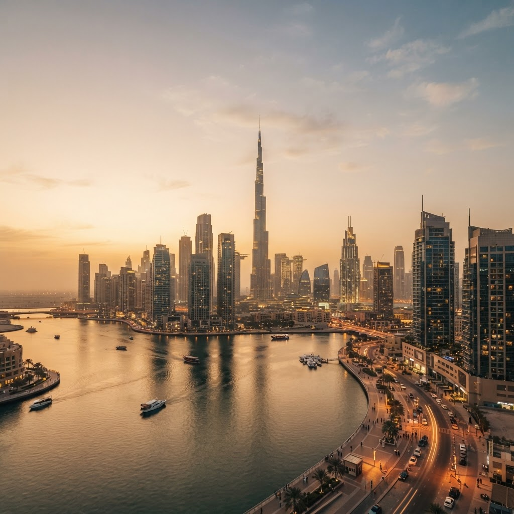 Dubai skyline at golden hour
